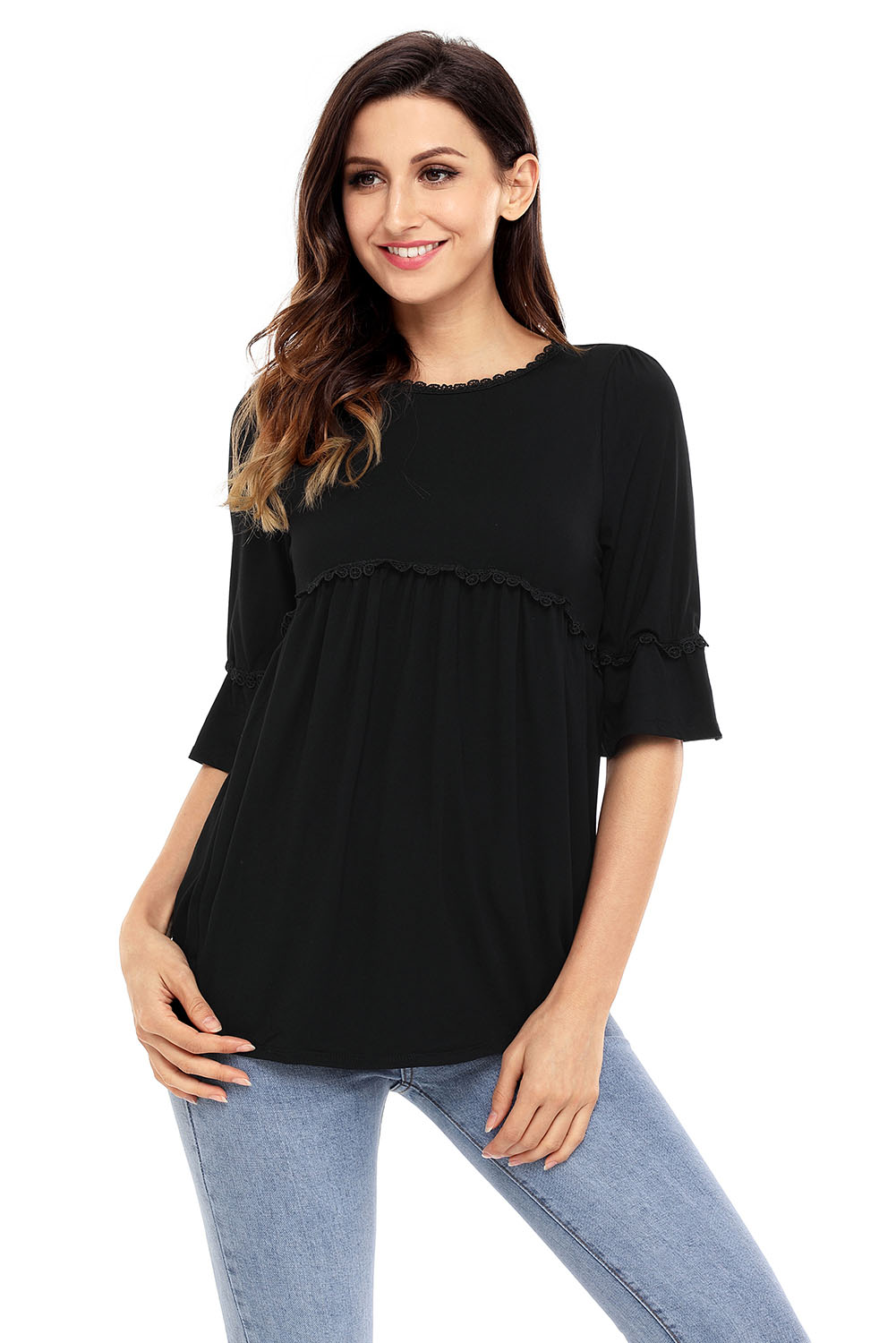 BY250232-2 Black Babydoll Long Tunic Top